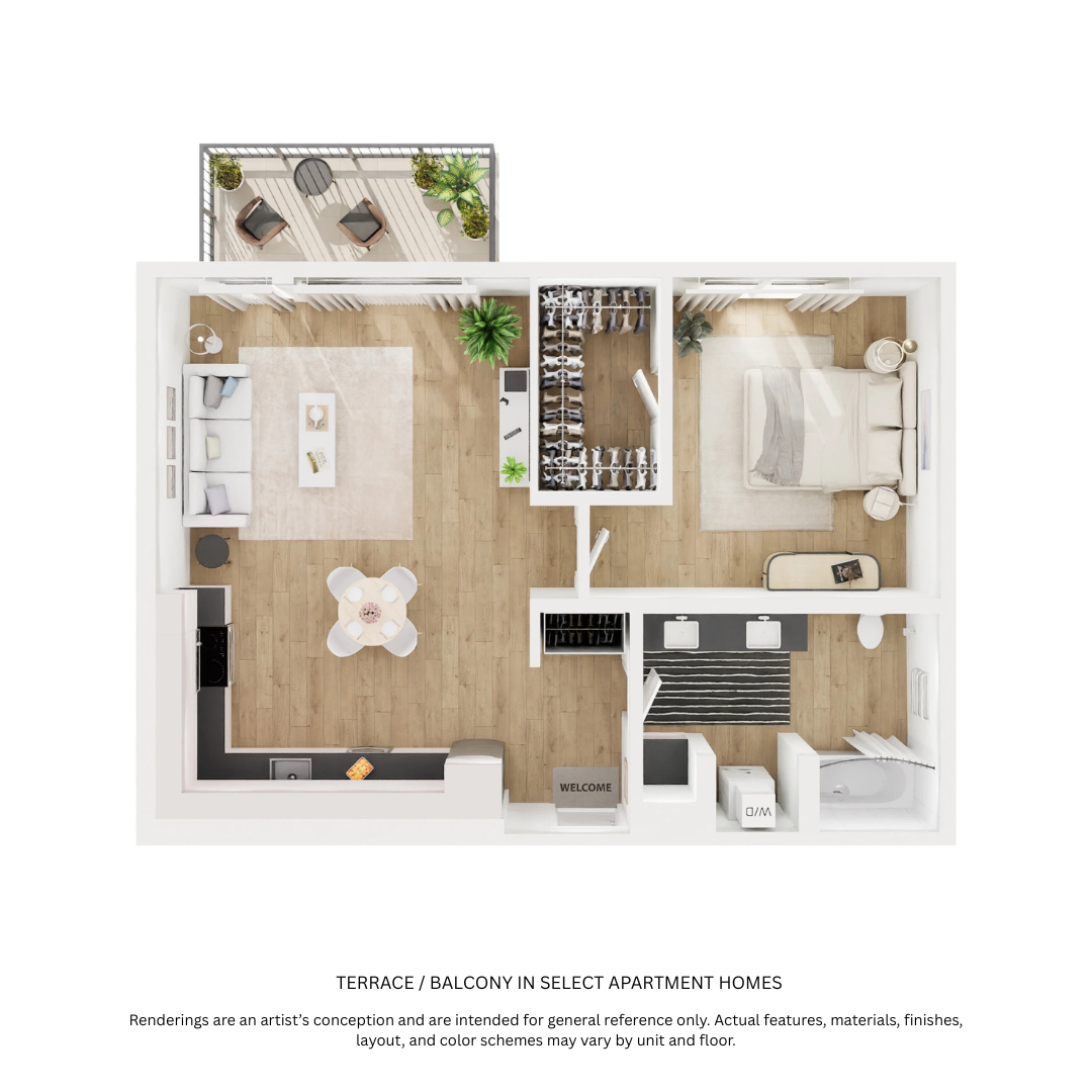Floor plan for 1 bed, 1 bath, 760 sqft